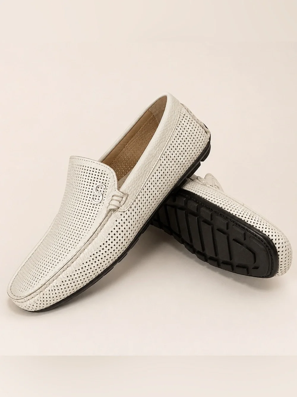 Casadei Men's Off-White Perforated Leather Slip-On Comfort Summer Loafers